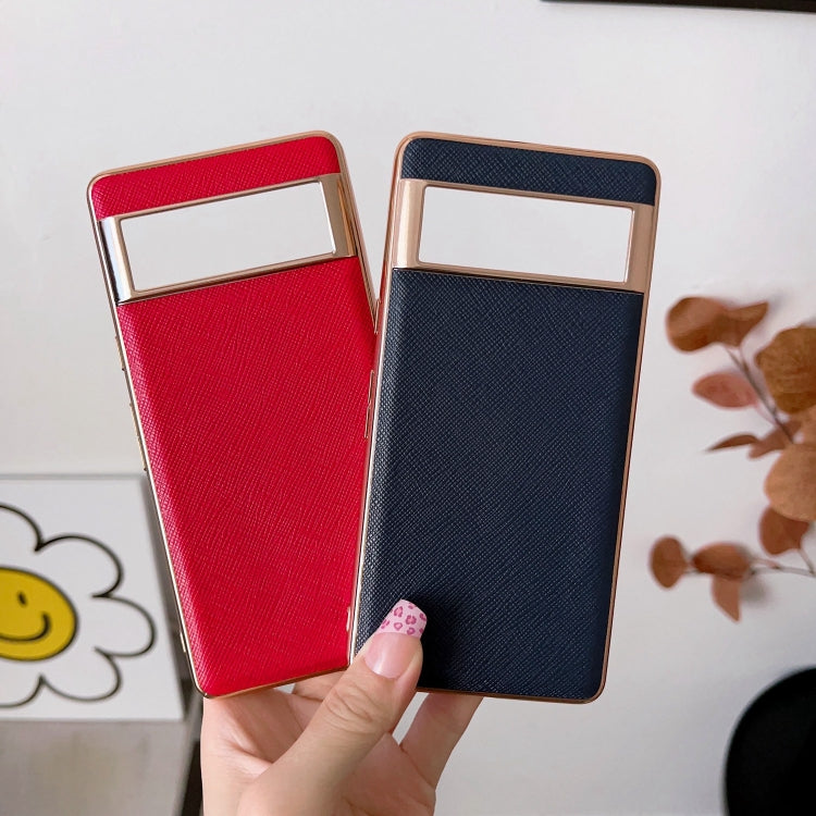 For Google Pixel 7 5G Nano Electroplating Cross Texture Genuine Leather Phone Case(Blue) - Google Cases by PMC TechLife | Online Shopping South Africa | PMC TechLife | Buy Now Pay Later Mobicred