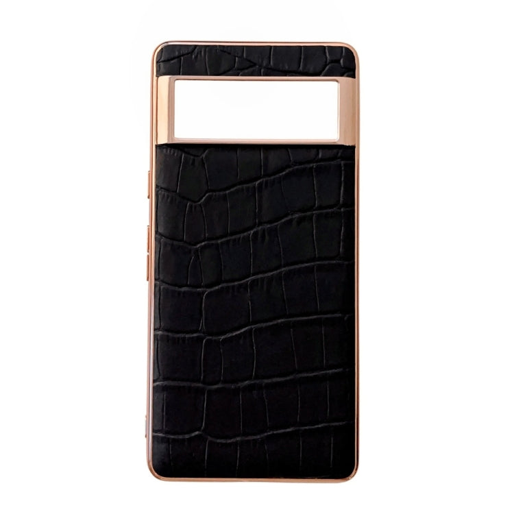 For Google Pixel 7 Crocodile Texture Genuine Leather Electroplating Phone Case(Black) - Google Cases by PMC TechLife | Online Shopping South Africa | PMC TechLife | Buy Now Pay Later Mobicred