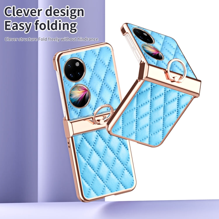 For Huawei P50 Pocket Grid Leather Pattern Electroplating Frame Folding Phone Case(Blue) - free shipping - PMC TechLife - Order now!