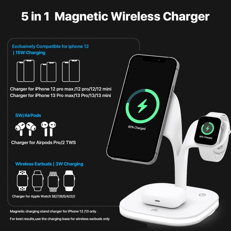 YM-UD22 15W 5 in 1 Magnetic Wireless Charger with Stand Function(White) - Wireless Charger by PMC Jewellery | Online Shopping South Africa | PMC Jewellery | Buy Now Pay Later Mobicred