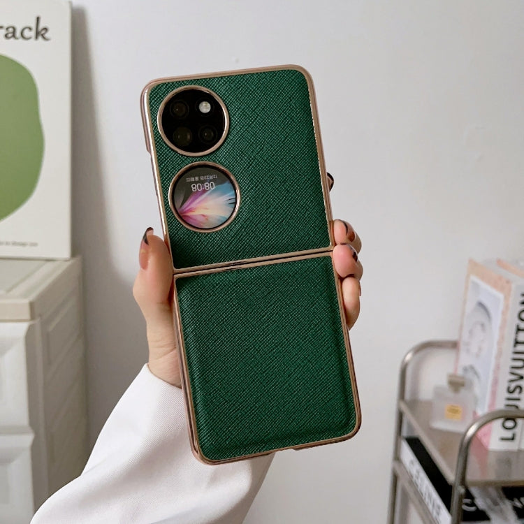 For Huawei P50 Pocket Nano Electroplating Cross Texture Genuine Leather Phone Case(Green) - Huawei Cases by PMC TechLife | Online Shopping South Africa | PMC TechLife | Buy Now Pay Later Mobicred