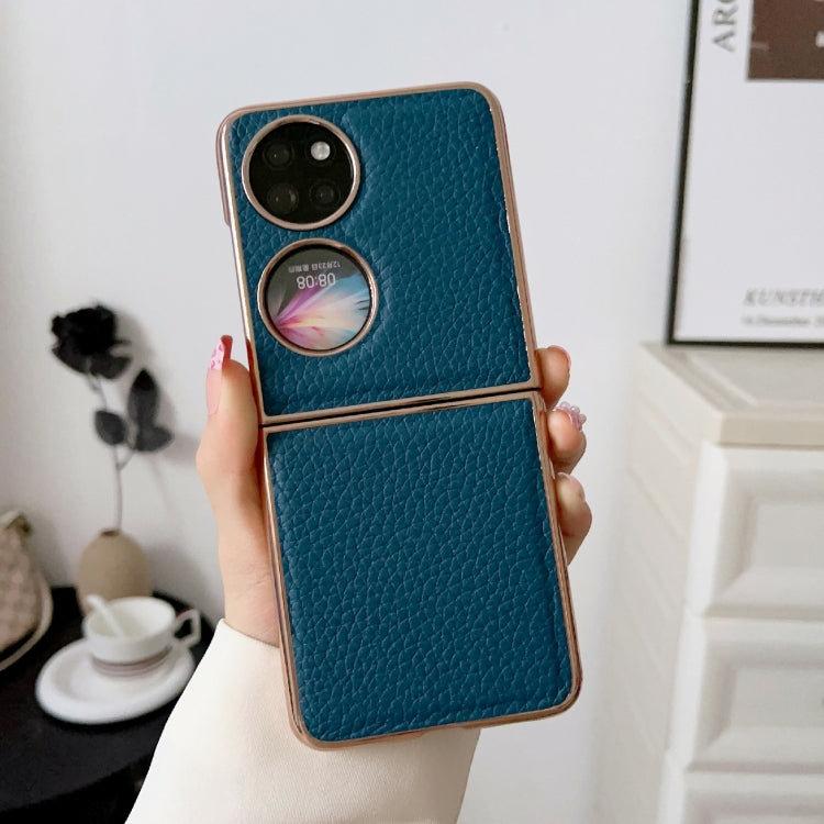 For Huawei P50 Pocket Nano Electroplating Litchi Texture Genuine Leather Phone Case(Blue) - Huawei Cases by PMC TechLife | Online Shopping South Africa | PMC TechLife | Buy Now Pay Later Mobicred