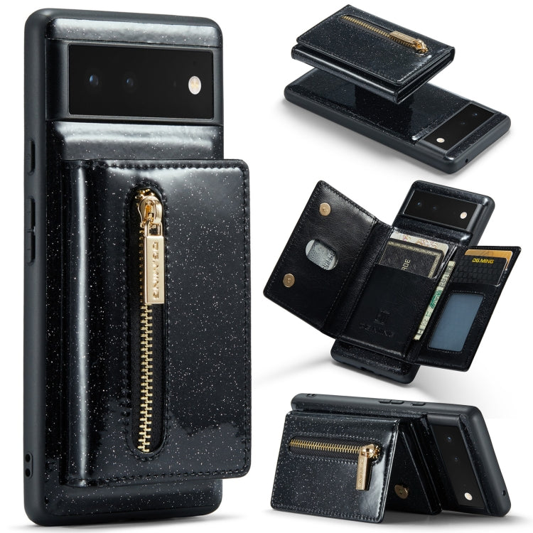 For Google Pixel 6a DG.MING M3 Series Glitter Powder Card Bag Leather Case(Black) - Google Cases by DG.MING | Online Shopping South Africa | PMC TechLife | Buy Now Pay Later Mobicred