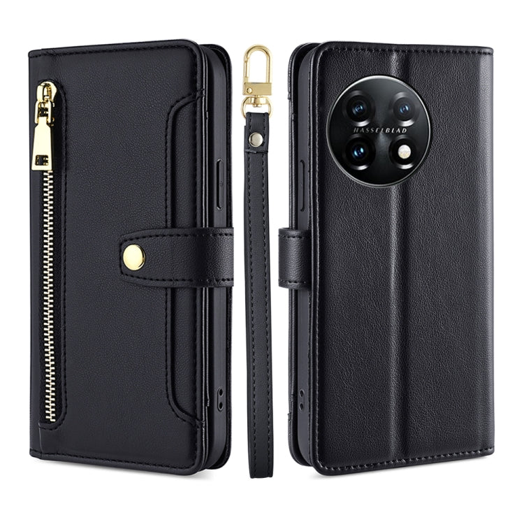 For OnePlus 11 Sheep Texture Cross-body Zipper Wallet Leather Phone Case(Black) - OnePlus Cases by PMC TechLife | Online Shopping South Africa | PMC TechLife | Buy Now Pay Later Mobicred