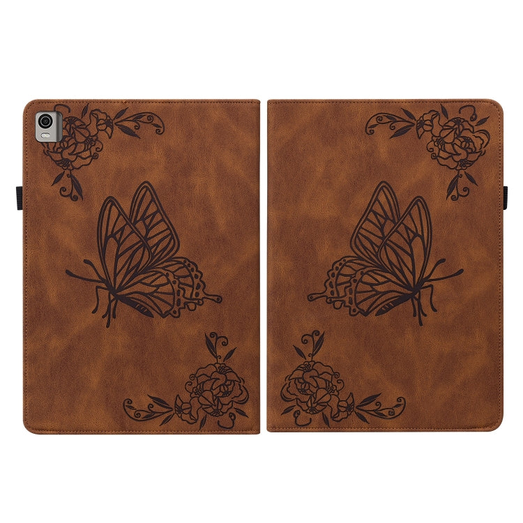 For Nokia T21 Butterfly Flower Embossed Leather Tablet Case(Brown) - Nokia by PMC TechLife | Online Shopping South Africa | PMC TechLife | Buy Now Pay Later Mobicred