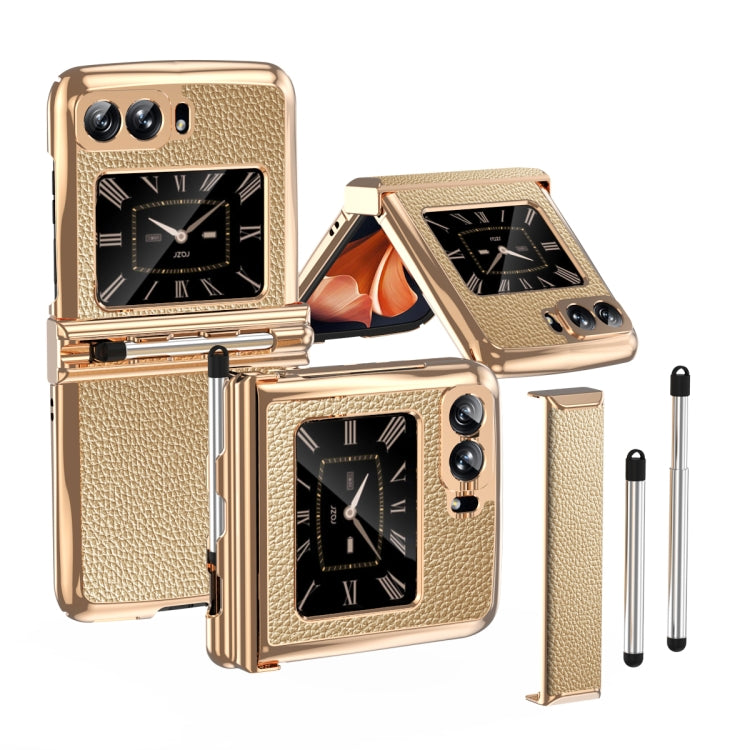 For Motorola Razr 2022 Foldable Electroplated Plain Leather Phone Case with Stylus(Gold) - Motorola Cases by PMC TechLife | Online Shopping South Africa | PMC TechLife | Buy Now Pay Later Mobicred