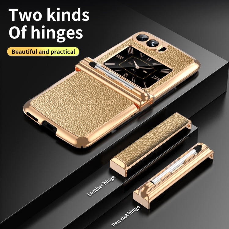 For Motorola Razr 2022 Foldable Electroplated Plain Leather Phone Case with Stylus(Gold) - Motorola Cases by PMC TechLife | Online Shopping South Africa | PMC TechLife | Buy Now Pay Later Mobicred