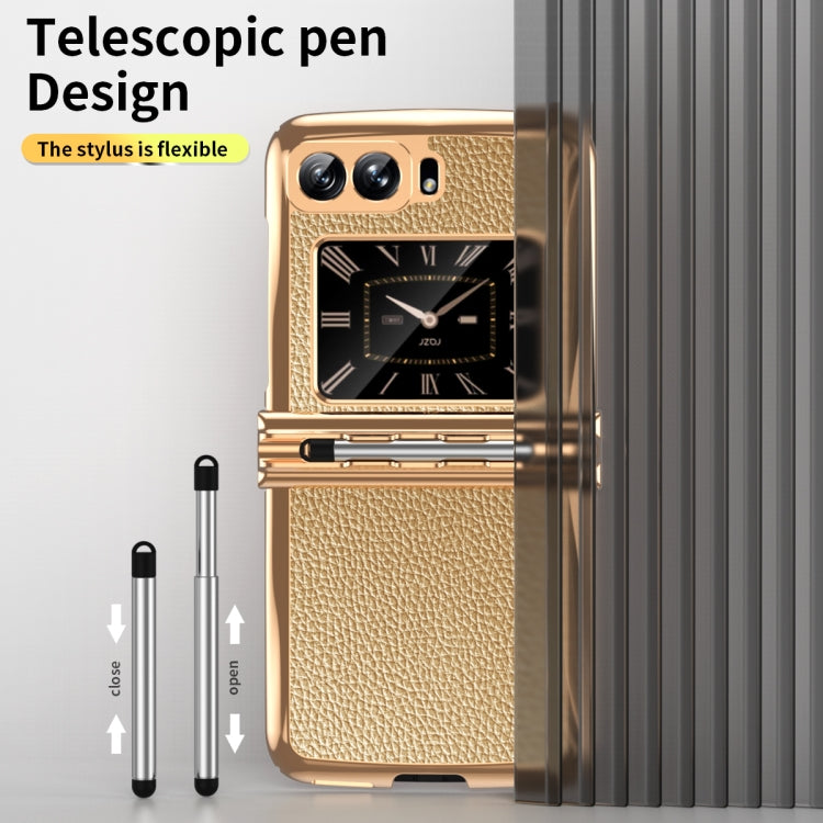 For Motorola Razr 2022 Foldable Electroplated Plain Leather Phone Case with Stylus(Gold) - Motorola Cases by PMC TechLife | Online Shopping South Africa | PMC TechLife | Buy Now Pay Later Mobicred