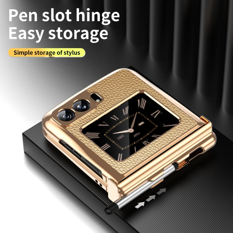 For Motorola Razr 2022 Foldable Electroplated Plain Leather Phone Case with Stylus(Gold) - Motorola Cases by PMC TechLife | Online Shopping South Africa | PMC TechLife | Buy Now Pay Later Mobicred