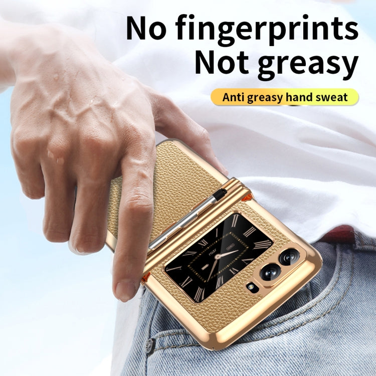 For Motorola Razr 2022 Foldable Electroplated Plain Leather Phone Case with Stylus(Gold) - Motorola Cases by PMC TechLife | Online Shopping South Africa | PMC TechLife | Buy Now Pay Later Mobicred