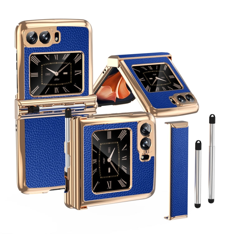 For Motorola Razr 2022 Foldable Electroplated Plain Leather Phone Case with Stylus(Blue) - Motorola Cases by PMC TechLife | Online Shopping South Africa | PMC TechLife | Buy Now Pay Later Mobicred