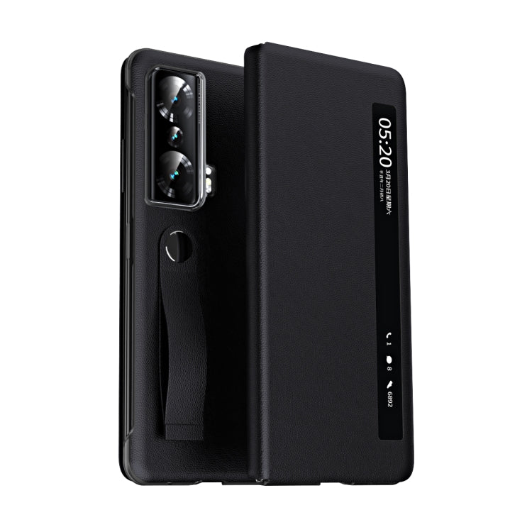For Honor Magic Vs Side Window View Smart Litchi Pattern Leather Phone Case with Hand Strap(Black) - Honor Cases by PMC TechLife | Online Shopping South Africa | PMC TechLife | Buy Now Pay Later Mobicred