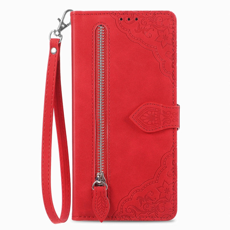 For Blackview A85 Embossed Flower Zipper Leather Phone Case(Red) - More Brand by PMC TechLife | Online Shopping South Africa | PMC TechLife | Buy Now Pay Later Mobicred