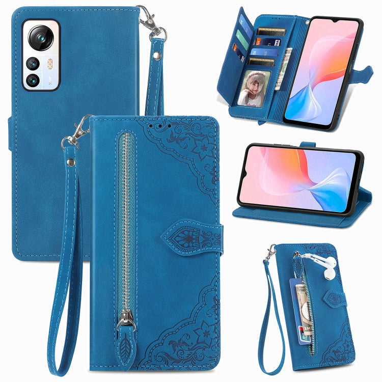 For Blackview A85 Embossed Flower Zipper Leather Phone Case(Blue) - More Brand by PMC Jewellery | Online Shopping South Africa | PMC Jewellery | Buy Now Pay Later Mobicred