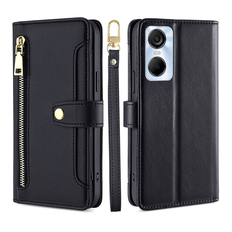 For Tecno Pop 6 Pro Sheep Texture Cross-body Zipper Wallet Leather Phone Case(Black) - Tecno Cases by PMC TechLife | Online Shopping South Africa | PMC TechLife | Buy Now Pay Later Mobicred