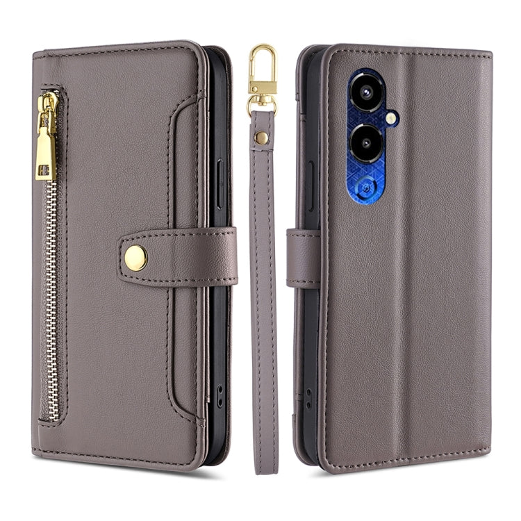 For Tecno Pova 4 Pro Sheep Texture Cross-body Zipper Wallet Leather Phone Case(Grey) - Tecno Cases by PMC TechLife | Online Shopping South Africa | PMC TechLife | Buy Now Pay Later Mobicred