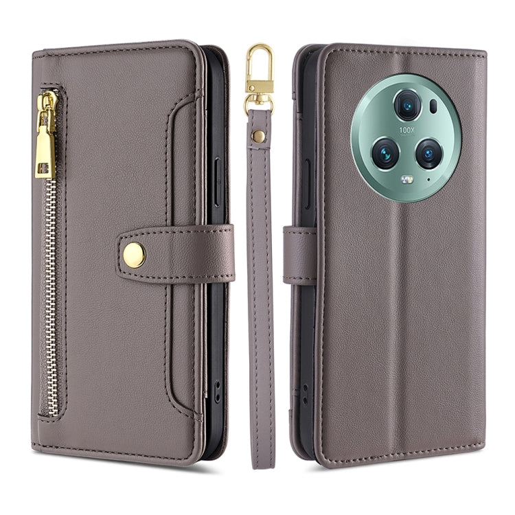 For Honor Magic5 Pro Sheep Texture Cross-body Zipper Wallet Leather Phone Case(Grey) - Honor Cases by PMC TechLife | Online Shopping South Africa | PMC TechLife | Buy Now Pay Later Mobicred