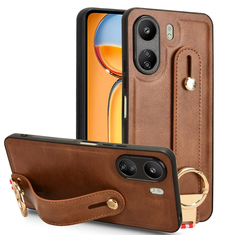 For Xiaomi Redmi 13C 4G/Poco C65 Wristband Leather Back Phone Case(Brown) - 13C Cases by PMC TechLife | Online Shopping South Africa | PMC TechLife | Buy Now Pay Later Mobicred