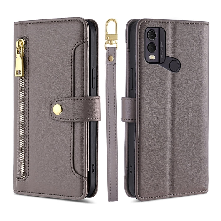 For Nokia C22 Sheep Texture Cross-body Zipper Wallet Leather Phone Case(Grey) - Nokia Cases by PMC TechLife | Online Shopping South Africa | PMC TechLife | Buy Now Pay Later Mobicred