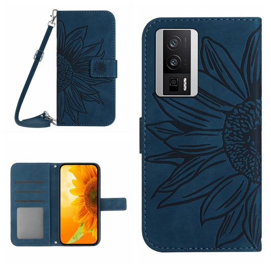 For Xiaomi Poco F5 Pro Skin Feel Sun Flower Embossed Flip Leather Phone Case with Lanyard(Inky Blue) - Xiaomi Cases by PMC Jewellery | Online Shopping South Africa | PMC Jewellery | Buy Now Pay Later Mobicred