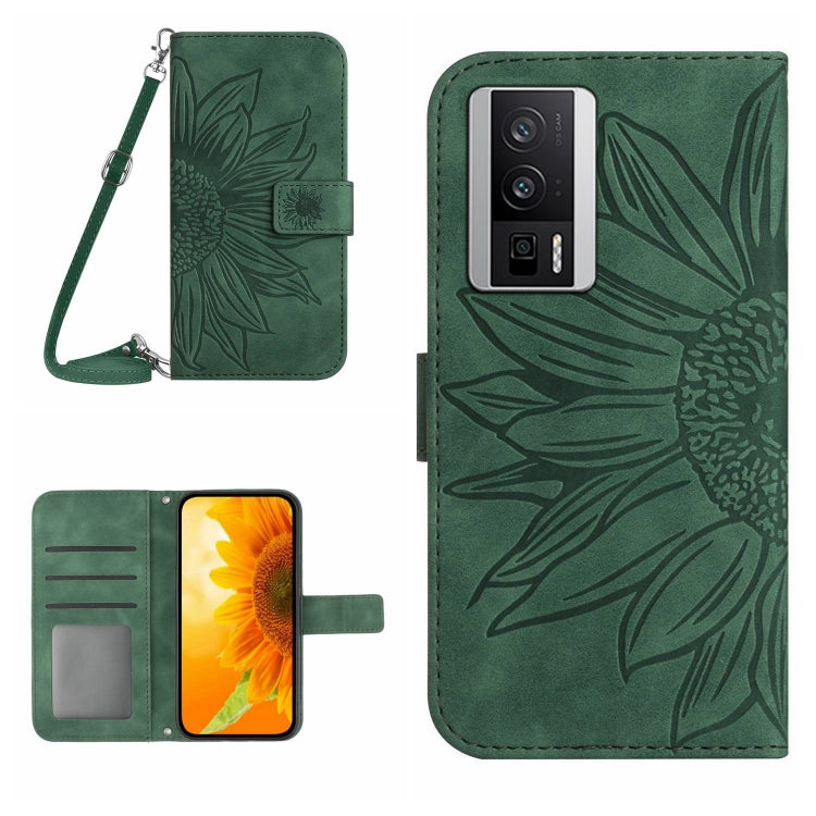 For Xiaomi Poco F5 Pro Skin Feel Sun Flower Embossed Flip Leather Phone Case with Lanyard(Green) - Xiaomi Cases by PMC Jewellery | Online Shopping South Africa | PMC Jewellery | Buy Now Pay Later Mobicred