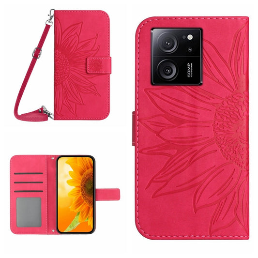 For Xiaomi 13T / 13T Pro Skin Feel Sun Flower Embossed Flip Leather Phone Case with Lanyard(Rose Red) - Xiaomi Cases by PMC Jewellery | Online Shopping South Africa | PMC Jewellery | Buy Now Pay Later Mobicred