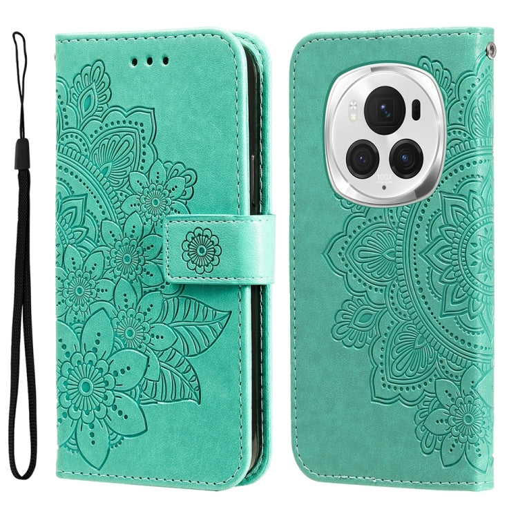 For Honor Magic6 Pro Seven-petal Flowers Embossing Leather Phone Case(Green) - Honor Cases by PMC Jewellery | Online Shopping South Africa | PMC Jewellery | Buy Now Pay Later Mobicred