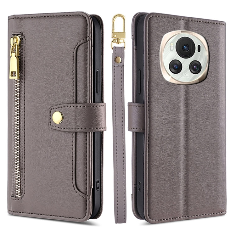 For Honor Magic6 5G Sheep Texture Cross-body Zipper Wallet Leather Phone Case(Grey) - Honor Cases by PMC TechLife | Online Shopping South Africa | PMC TechLife | Buy Now Pay Later Mobicred