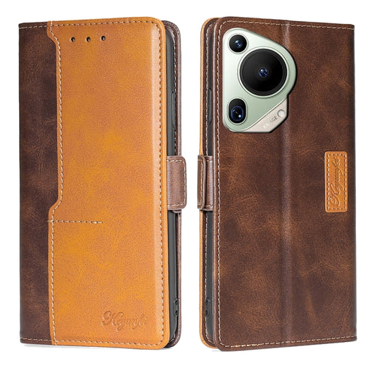 For Huawei Pura 70 Ultra 5G Contrast Color Side Buckle Leather Phone Case(Dark Brown + Gold) - Huawei Cases by PMC Jewellery | Online Shopping South Africa | PMC Jewellery | Buy Now Pay Later Mobicred