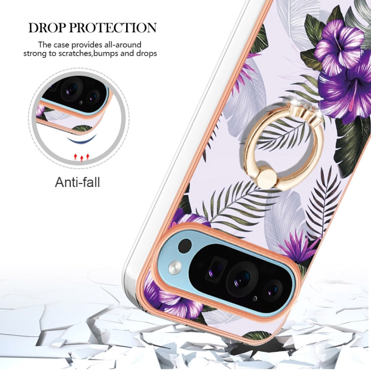 For Google Pixel 9 / 9 Pro Electroplating IMD TPU Phone Case with Ring(Purple Flower) - Google Cases by PMC Jewellery | Online Shopping South Africa | PMC Jewellery | Buy Now Pay Later Mobicred