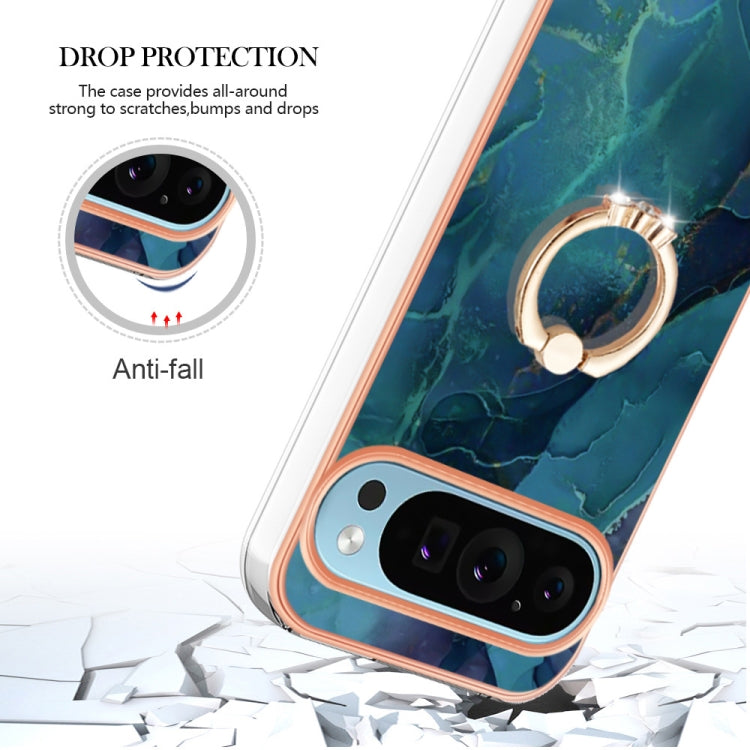 For Google Pixel 9 / 9 Pro Electroplating Marble Dual-side IMD Phone Case with Ring(Green 017) - Google Cases by PMC Jewellery | Online Shopping South Africa | PMC Jewellery | Buy Now Pay Later Mobicred