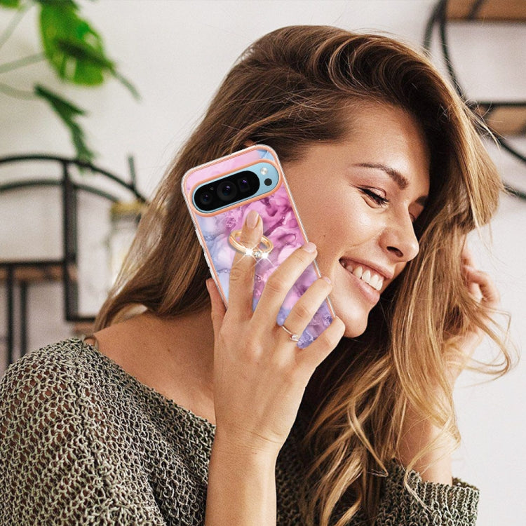 For Google Pixel 9 Pro XL Electroplating Marble Dual-side IMD Phone Case with Ring(Pink 013) - Google Cases by PMC TechLife | Online Shopping South Africa | PMC TechLife | Buy Now Pay Later Mobicred