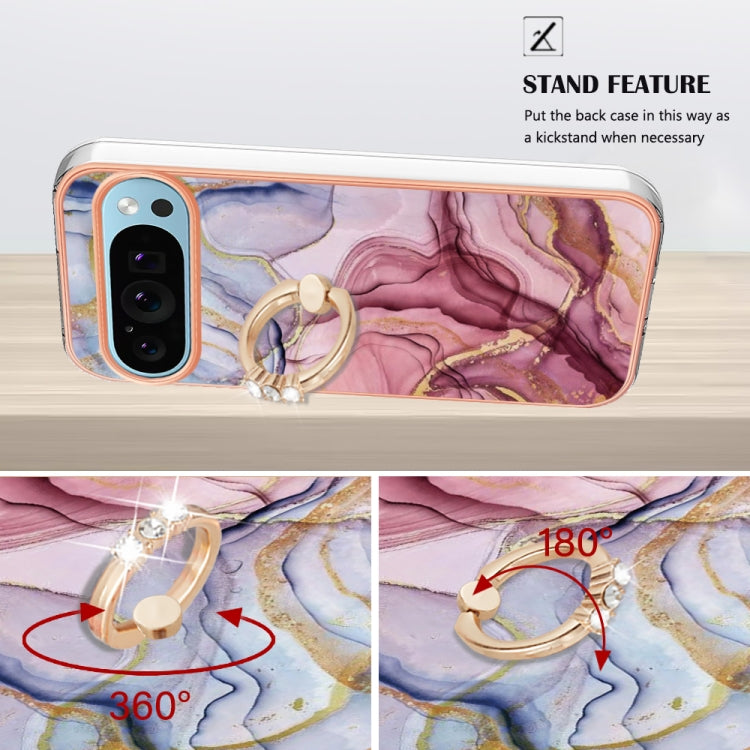 For Google Pixel 9 Pro XL Electroplating Marble Dual-side IMD Phone Case with Ring(Rose Red 014) - Google Cases by PMC TechLife | Online Shopping South Africa | PMC TechLife | Buy Now Pay Later Mobicred