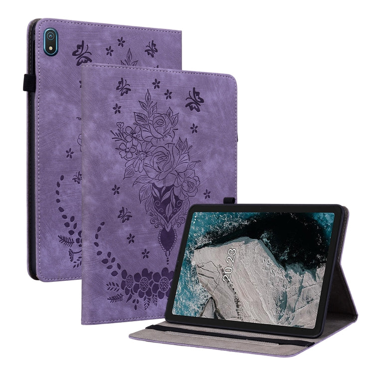 For Nokia T20 10.4 2021 Butterfly Rose Embossed Leather Tablet Case(Purple) - Honor Cases by PMC TechLife | Online Shopping South Africa | PMC TechLife | Buy Now Pay Later Mobicred