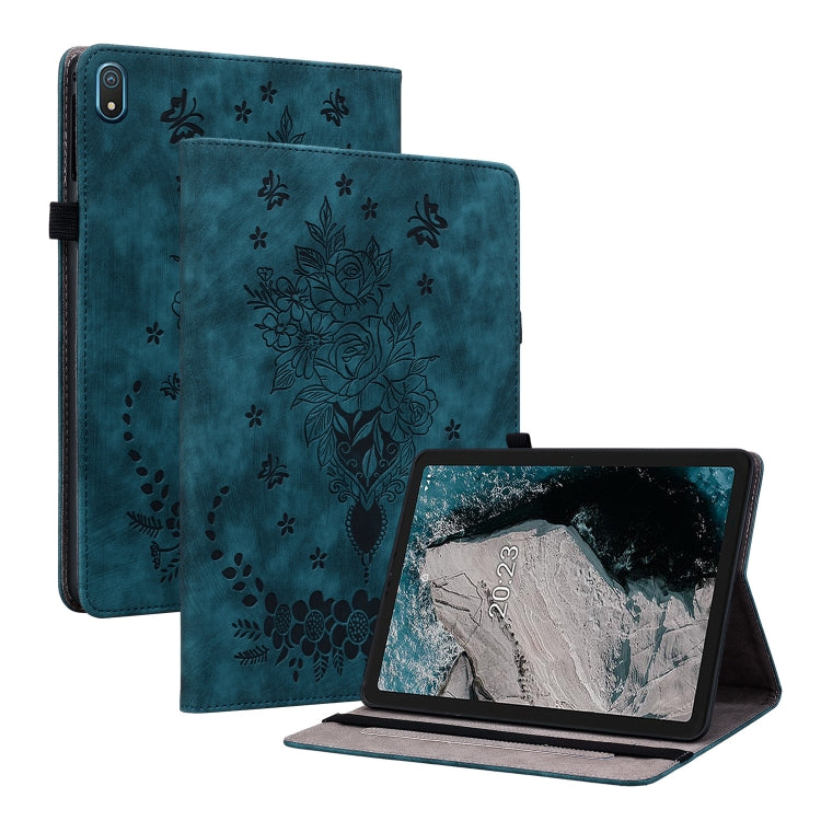 For Nokia T20 10.4 2021 Butterfly Rose Embossed Leather Tablet Case(Dark Blue) - Honor Cases by PMC TechLife | Online Shopping South Africa | PMC TechLife | Buy Now Pay Later Mobicred