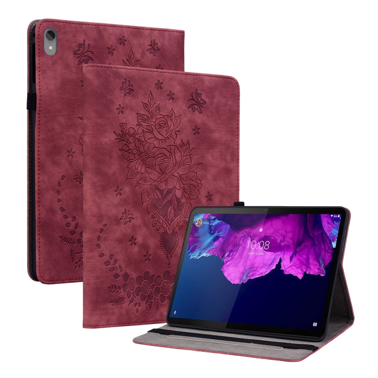 For Lenovo Tab P11 TB-J606F Butterfly Rose Embossed Leather Tablet Case(Red) - Lenovo by PMC TechLife | Online Shopping South Africa | PMC TechLife | Buy Now Pay Later Mobicred