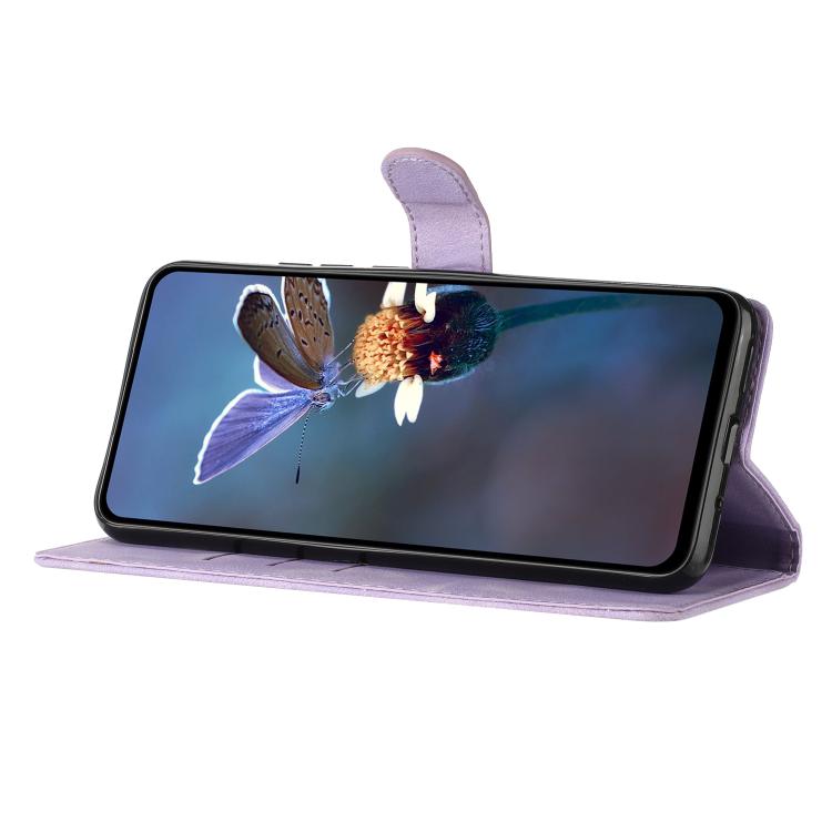 For iPhone 16e Flower Butterfly Embossing Pattern Leather Phone Case(Purple) - iPhone 16e Cases by PMC TechLife | Online Shopping South Africa | PMC TechLife | Buy Now Pay Later Mobicred