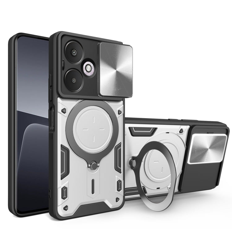 For Xiaomi Redmi 13C 5G Global CD Texture Sliding Camshield Magnetic Holder Phone Case(Silver) - 13C Cases by PMC TechLife | Online Shopping South Africa | PMC TechLife | Buy Now Pay Later Mobicred
