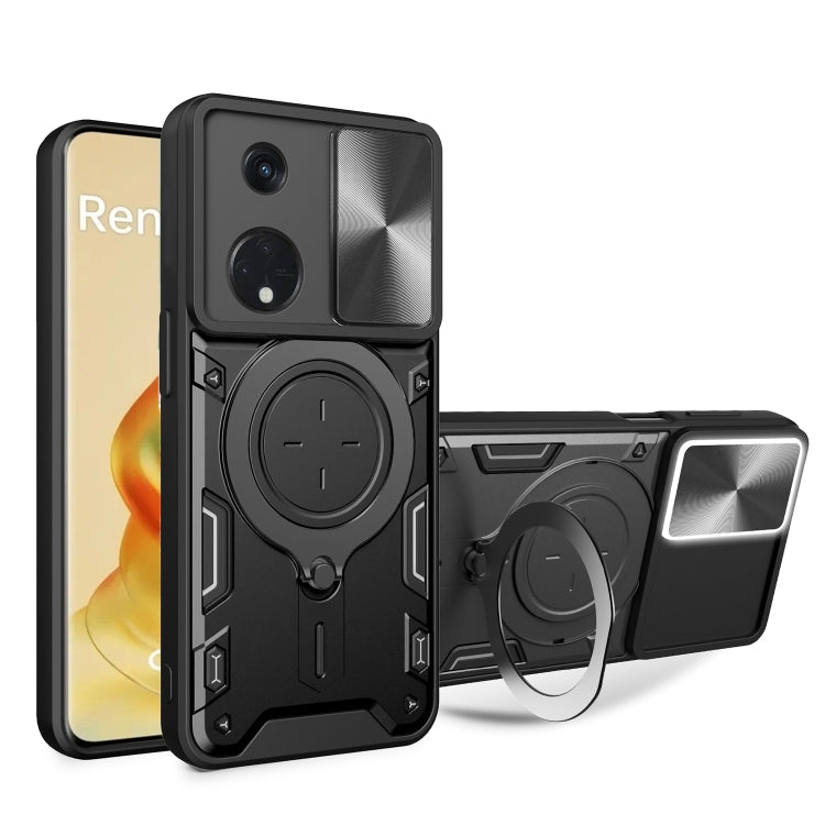 For OPPO Reno8 T 5G CD Texture Sliding Camshield Magnetic Holder Phone Case(Black) - OPPO Cases by PMC TechLife | Online Shopping South Africa | PMC TechLife | Buy Now Pay Later Mobicred