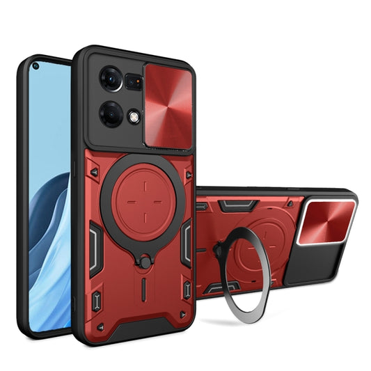 For OPPO Reno7 4G / F21 Pro 4G CD Texture Sliding Camshield Magnetic Holder Phone Case(Red) - OPPO Cases by PMC Jewellery | Online Shopping South Africa | PMC Jewellery | Buy Now Pay Later Mobicred