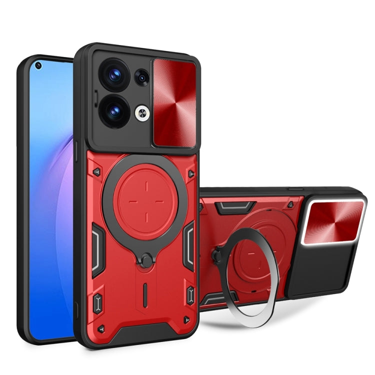 For OPPO Reno8 5G CD Texture Sliding Camshield Magnetic Holder Phone Case(Red) - OPPO Cases by PMC TechLife | Online Shopping South Africa | PMC TechLife | Buy Now Pay Later Mobicred