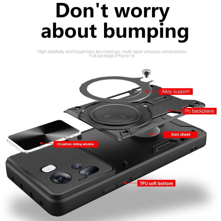 For OPPO Reno11 5G Global CD Texture Sliding Camshield Magnetic Holder Phone Case(Black) - Reno11 Cases by PMC TechLife | Online Shopping South Africa | PMC TechLife | Buy Now Pay Later Mobicred