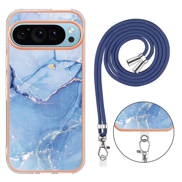 For Google Pixel 9 / 9 Pro Electroplating Marble Dual-side IMD Phone Case with Lanyard(Blue 018) - Google Cases by PMC Jewellery | Online Shopping South Africa | PMC Jewellery | Buy Now Pay Later Mobicred