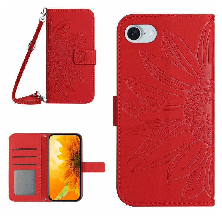 For iPhone SE 2024 Skin Feel Sun Flower Embossed Flip Leather Phone Case with Lanyard(Red) - More iPhone Cases by PMC Jewellery | Online Shopping South Africa | PMC Jewellery | Buy Now Pay Later Mobicred