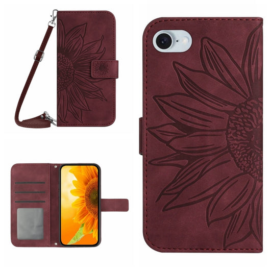 For iPhone SE 2024 Skin Feel Sun Flower Embossed Flip Leather Phone Case with Lanyard(Wine Red) - More iPhone Cases by PMC Jewellery | Online Shopping South Africa | PMC Jewellery | Buy Now Pay Later Mobicred