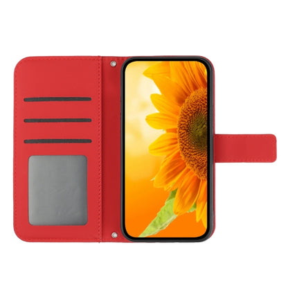 For iPhone 16 Pro Max Skin Feel Sun Flower Embossed Flip Leather Phone Case with Lanyard(Red) - iPhone 16 Pro Max Cases by PMC Jewellery | Online Shopping South Africa | PMC Jewellery | Buy Now Pay Later Mobicred