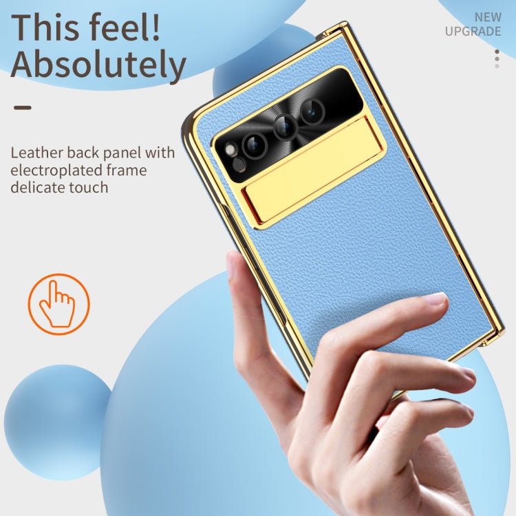 For Google Pixel Fold Litchi Pattern Electroplating Folding Phone Case with Hinge(Blue) - Google Cases by PMC TechLife | Online Shopping South Africa | PMC TechLife | Buy Now Pay Later Mobicred