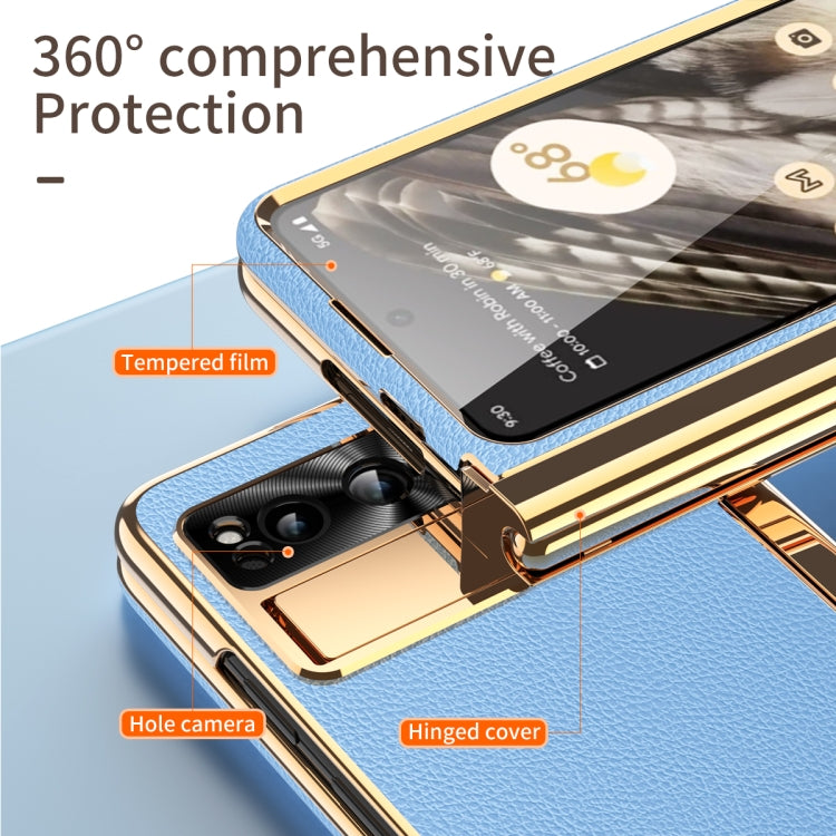 For Google Pixel Fold Litchi Pattern Electroplating Pen Slot Folding Phone Case with Stylus(Blue) - Google Cases by PMC TechLife | Online Shopping South Africa | PMC TechLife | Buy Now Pay Later Mobicred