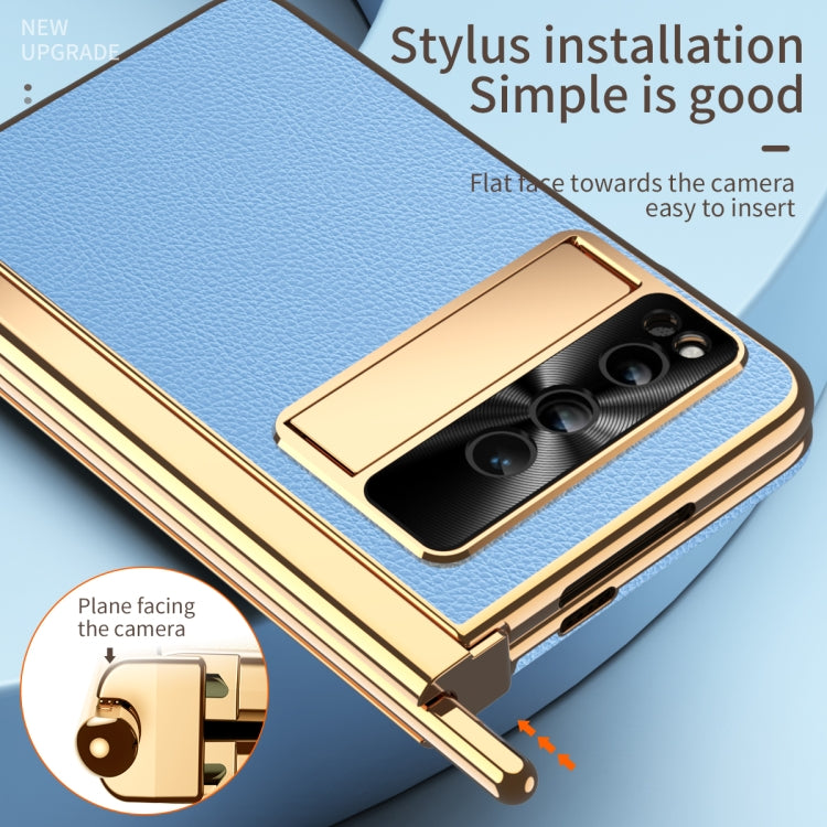 For Google Pixel Fold Litchi Pattern Electroplating Pen Slot Folding Phone Case with Stylus(Blue) - Google Cases by PMC TechLife | Online Shopping South Africa | PMC TechLife | Buy Now Pay Later Mobicred