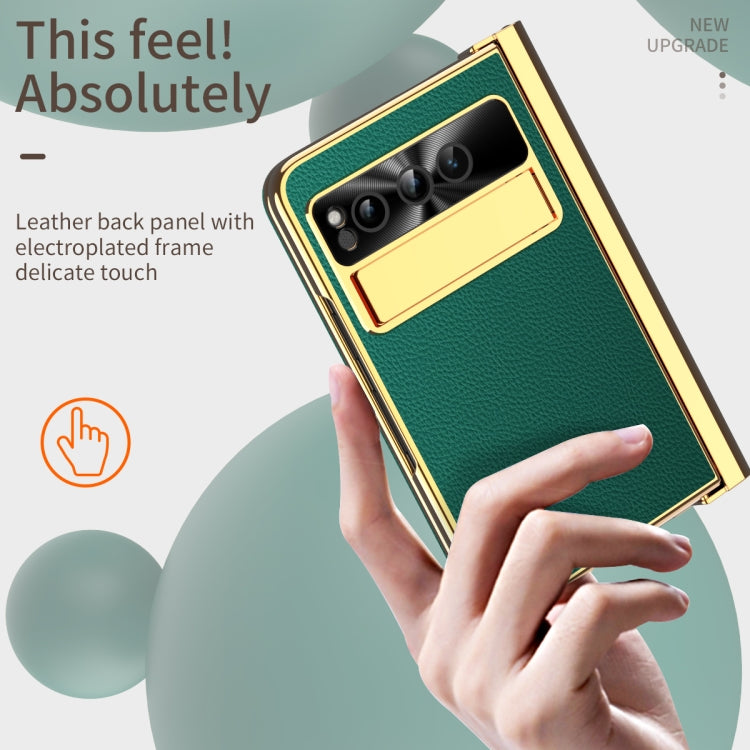 For Google Pixel Fold Litchi Pattern Electroplating Pen Slot Double Hinge Folding Phone Case with Stylus(Green) - Google Cases by PMC TechLife | Online Shopping South Africa | PMC TechLife | Buy Now Pay Later Mobicred